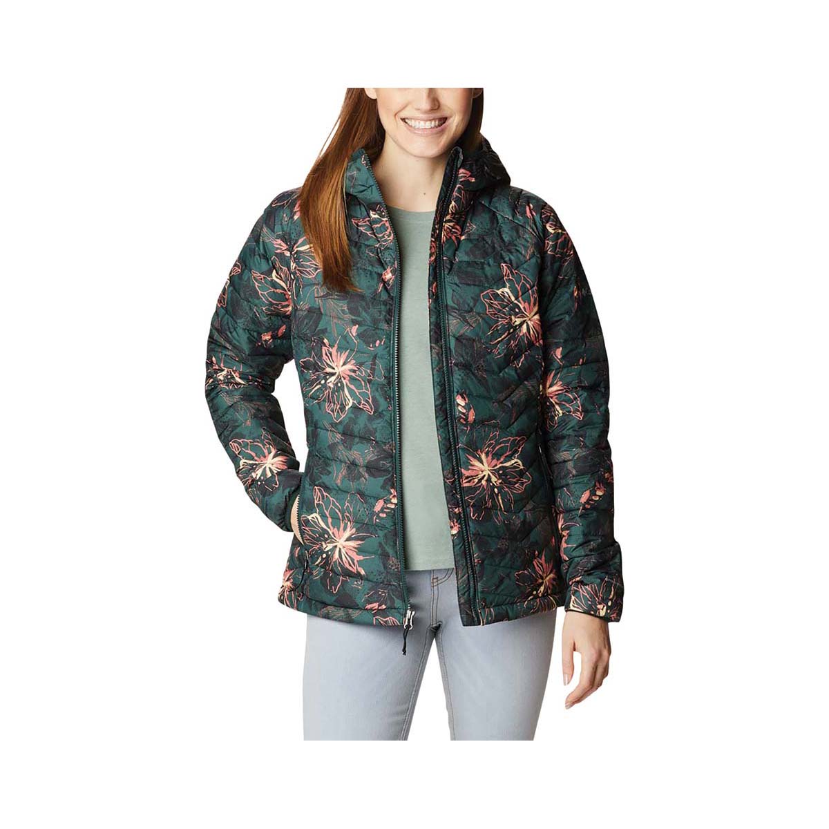 Columbia Women's Powder Lite Hooded Jacket Spruce Aurelian Print M