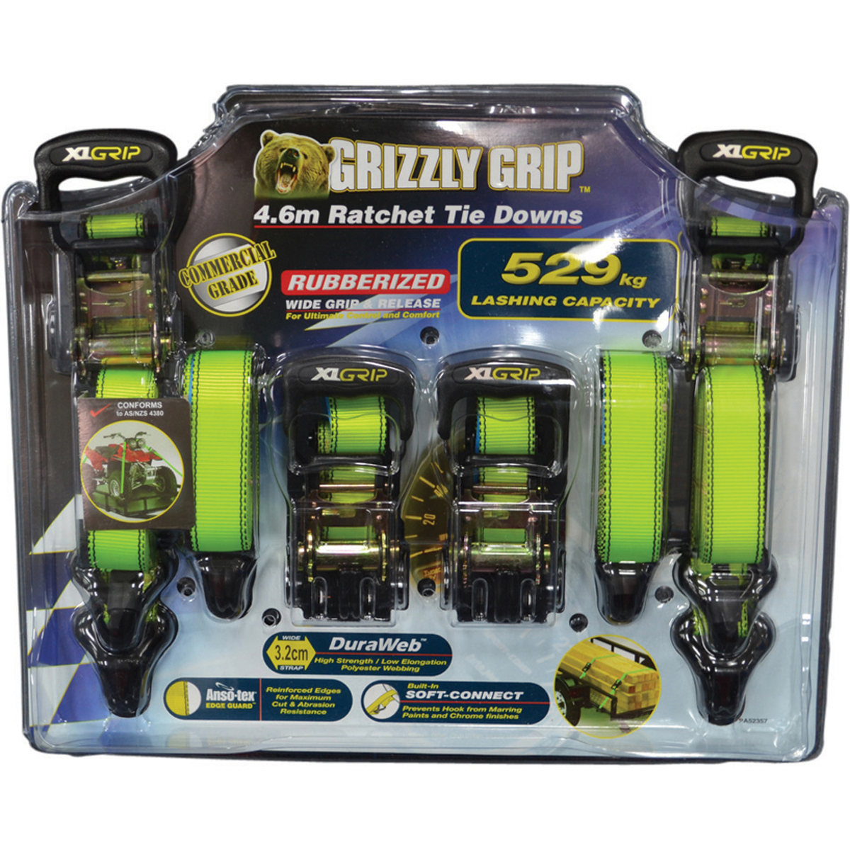 Grizzly Grip Ratchet Tie Down - 4.6m, 529kg, 4 Pack
