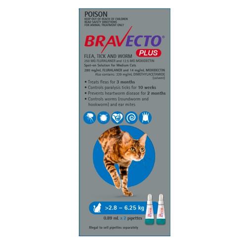 Bravecto Plus Medium Cat 2.8-6.25kg Blue 2 pack