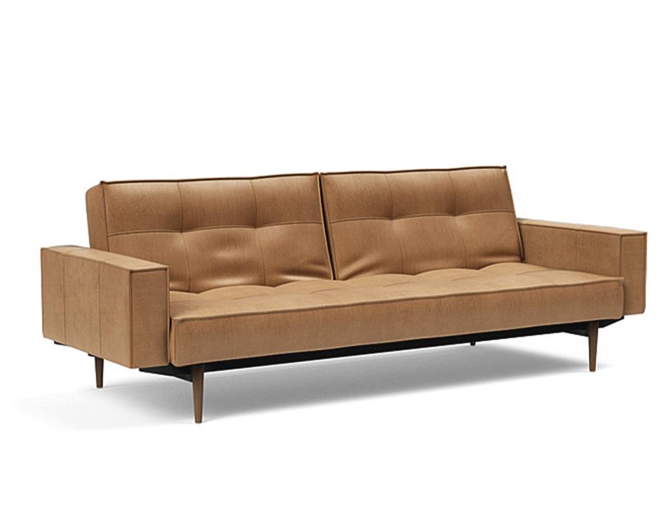 Splitback king single sofa bed with fabric arms and dark styletto legs - innovation living