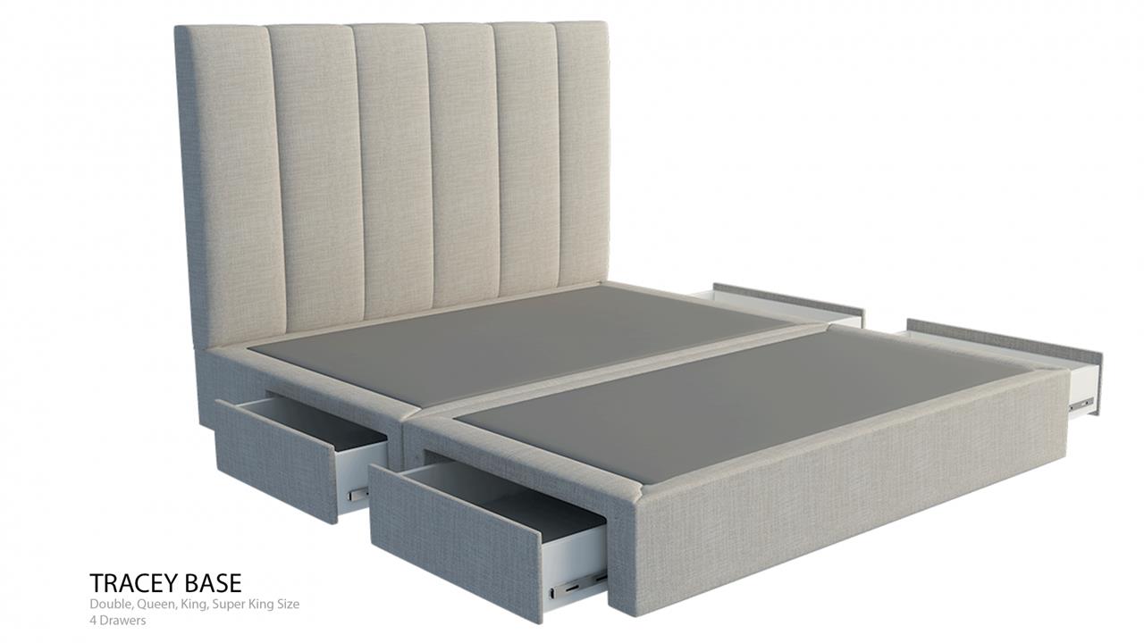 Panelled vertical custom upholstered bed with choice of storage base