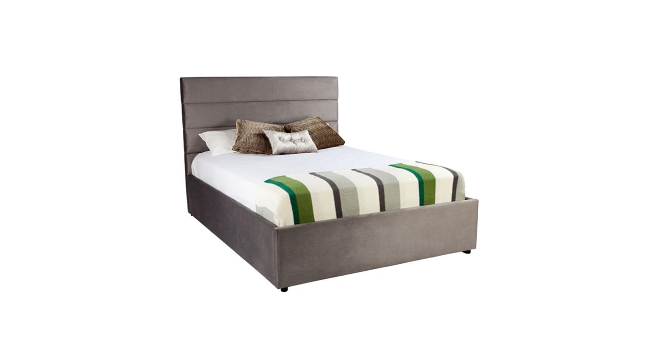 Panelled horizontal custom upholstered bed with choice of standard base