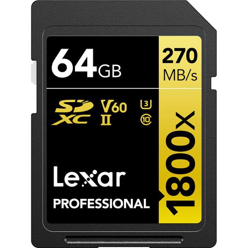 Lexar Professional 1800X V60 64GB 270MB/s Read & 180MB/s Write Gold Series SD Card