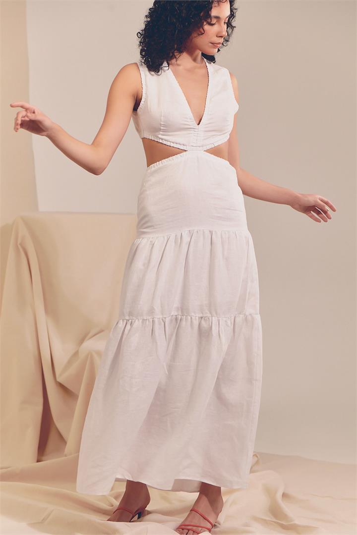 JAASE - April Maxi Dress: Cut Out Open Back Tiered Slimline Linen Dress in White