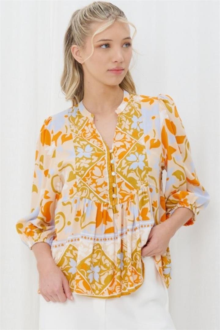 Justine Blouse - Mandarin Collar V Neck Blouse with Balloon Sleeves in Graphic Print