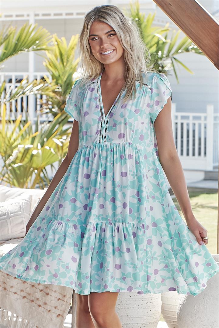 JAASE - Reese Mini Dress: Cap Sleeve Tiered Babydoll Dress in Alabama Print