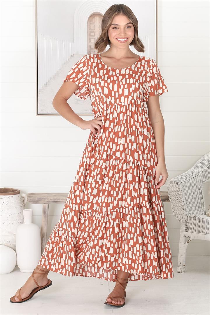 Allegra Midi Dress - Relaxed Asymmetric Tiered Smock Dress in Evie Print Rust