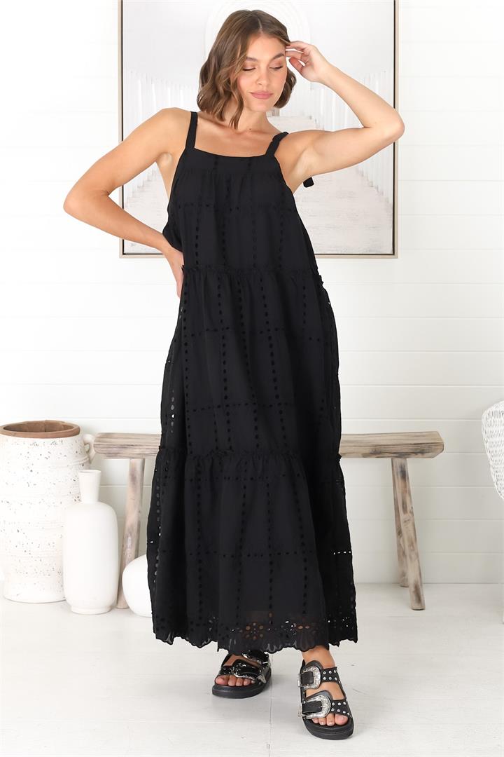 Tulip Midi Dress - Tie Up Straps Broderie Anglaise Tiered Dress in Black