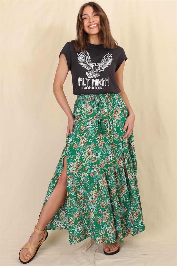 Florentina Maxi Skirt - High Waisted Skirt with Front Splits in Green