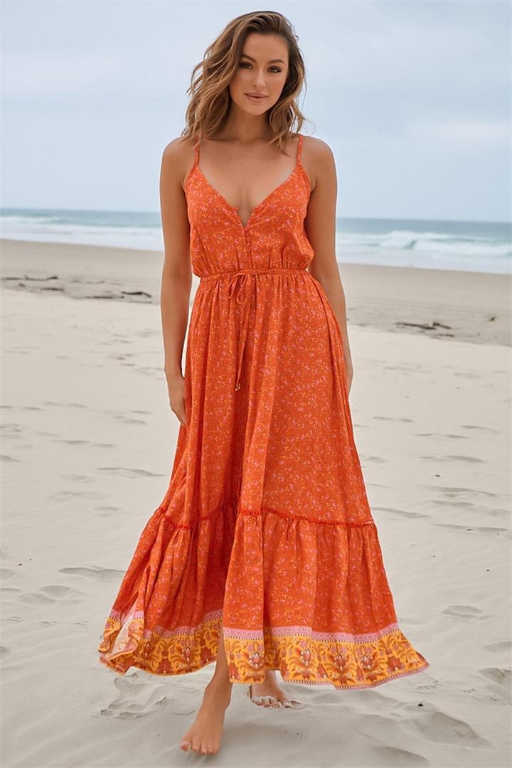 JAASE - Avila Maxi Dress: V Neck Spaghetti Strap Sun Dress with Lace Splicing in Summer Solstice Print
