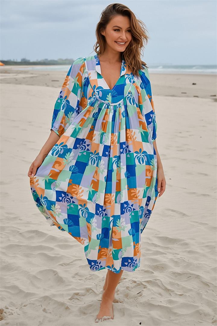 JAASE - Boheme Midi Dress: Piping Defined Bust Slimline Smock Dress in Tides Print