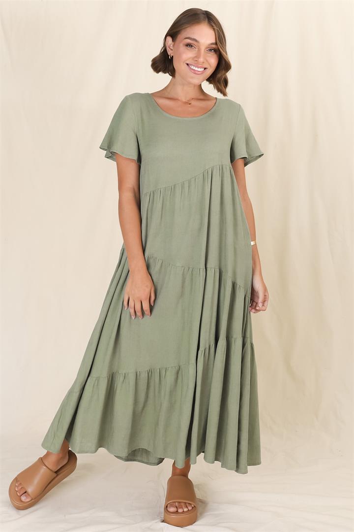 Allegra Midi Dress - Relaxed Asymmetric Tiered Linen Smock Dress in Khaki
