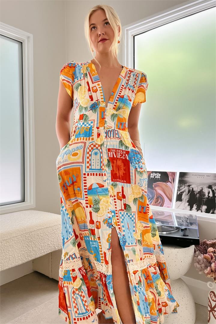 JAASE - Tabitha Maxi Dress: A Line Cap Sleeve Dress in Sun Lounger Print