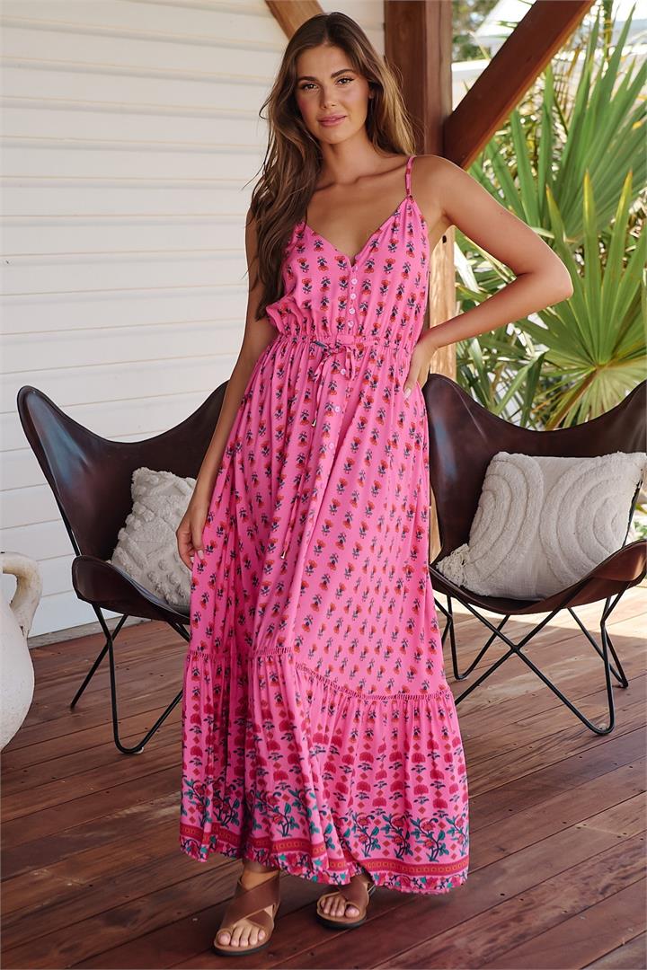 JAASE - Avila Maxi Dress: V Neck Spaghetti Strap Sun Dress with Lace Splicing in Raspberry Romance Print