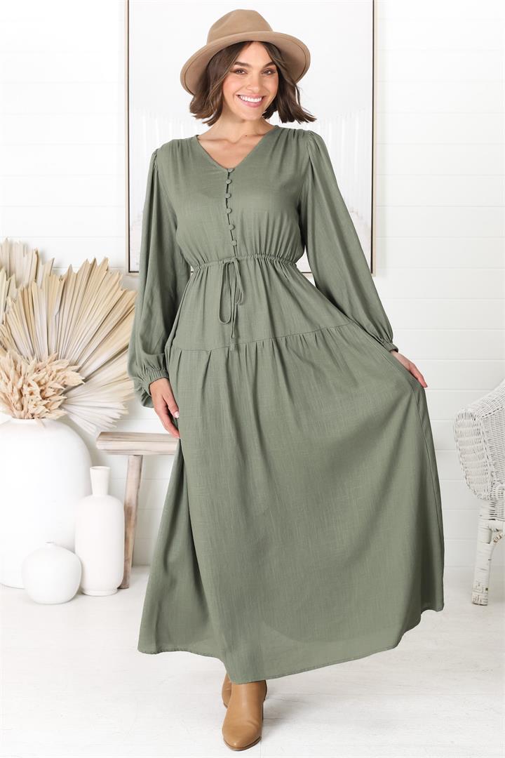 Salma Maxi Dress - Linen Blend Long Sleeve Maxi Dress in Khaki