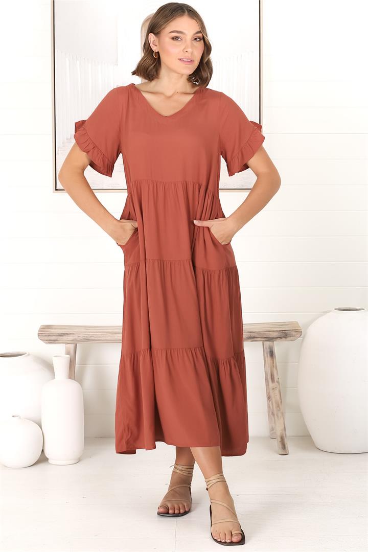 Ame Midi Dress - V Neck Frill Sleeve Tiered Dress in Rust