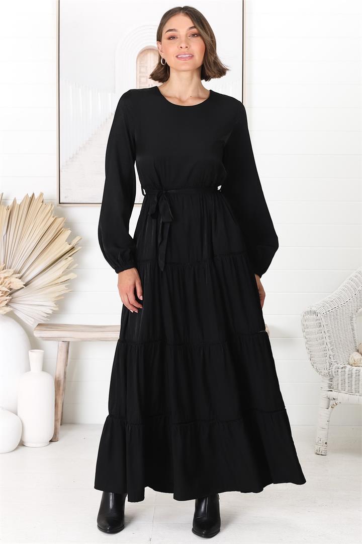 Binita Maxi Dress - Tiered Dress with Matching Belt in Black