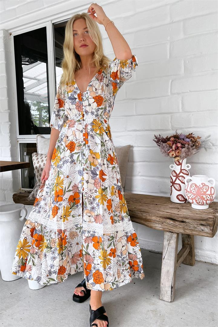 JAASE - Molli Maxi Dress: Button Down A-Line Dress with Tied Sleeves in Dalilah Print