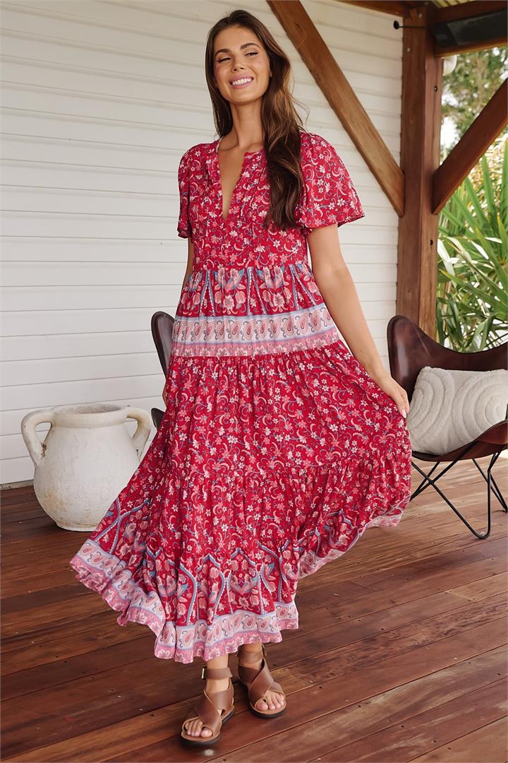 JAASE - Olli Maxi Dress: V Neck Tiered Smock Dress with Short Sleeves in Ruby Rouge Print