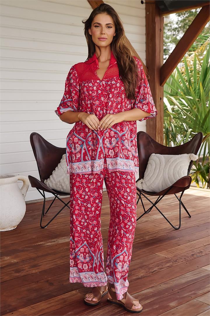 JAASE - Cici Pants: Mid Rise Relaxed Wide Leg Pant in Ruby Rogue Print