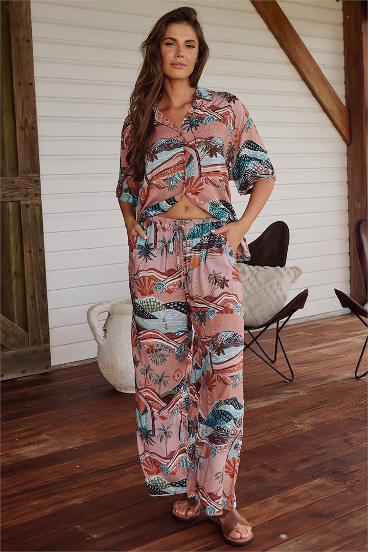 JAASE - Cici Pants: Mid Rise Relaxed Wide Leg Pant in Lakeside Serenity Print