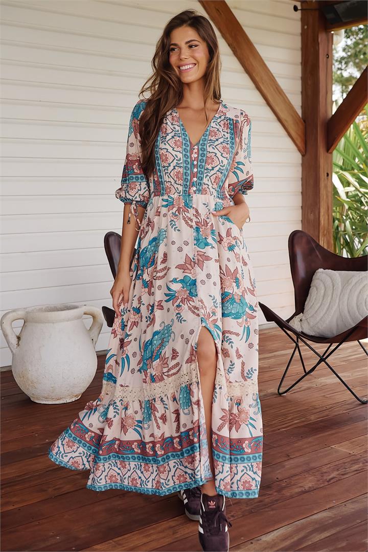 JAASE - Molli Maxi Dress: Button Down A-Line Dress with Tied Sleeves in Symphony Print