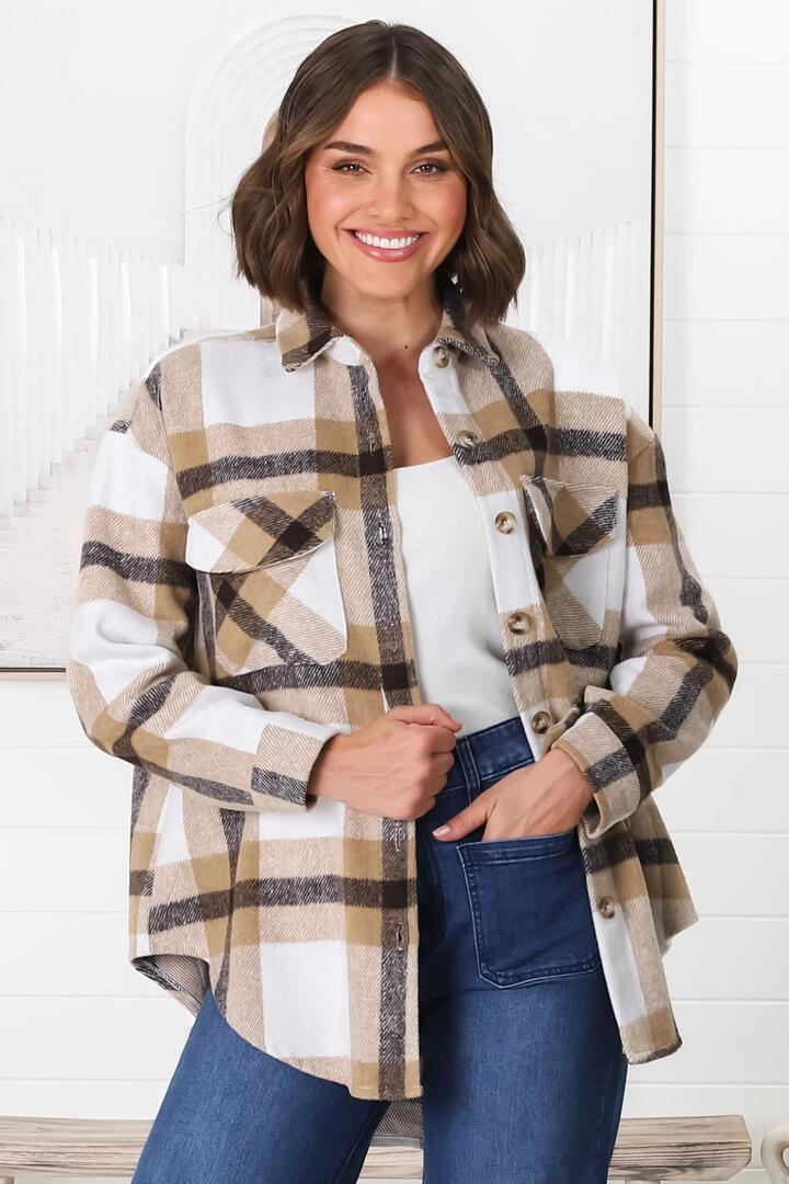 Jayme Shacket - Button Up Plaid Shacket in Camel