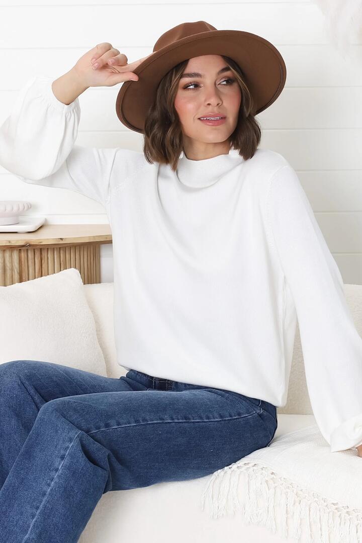 Tallum Knit Top - High Neck Knit Top with Balloon Sleeves in White
