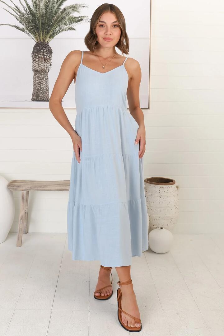 Arlowe Midi Dress - Soft V Neckline Tiered Linen Sun Dress in Blue