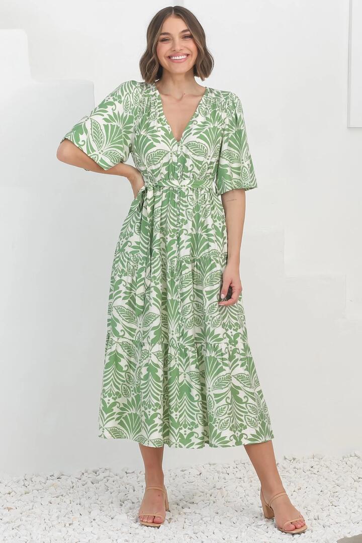 Cait Midi Dress - A Line Dress with Bell Sleeves in Harriette Green