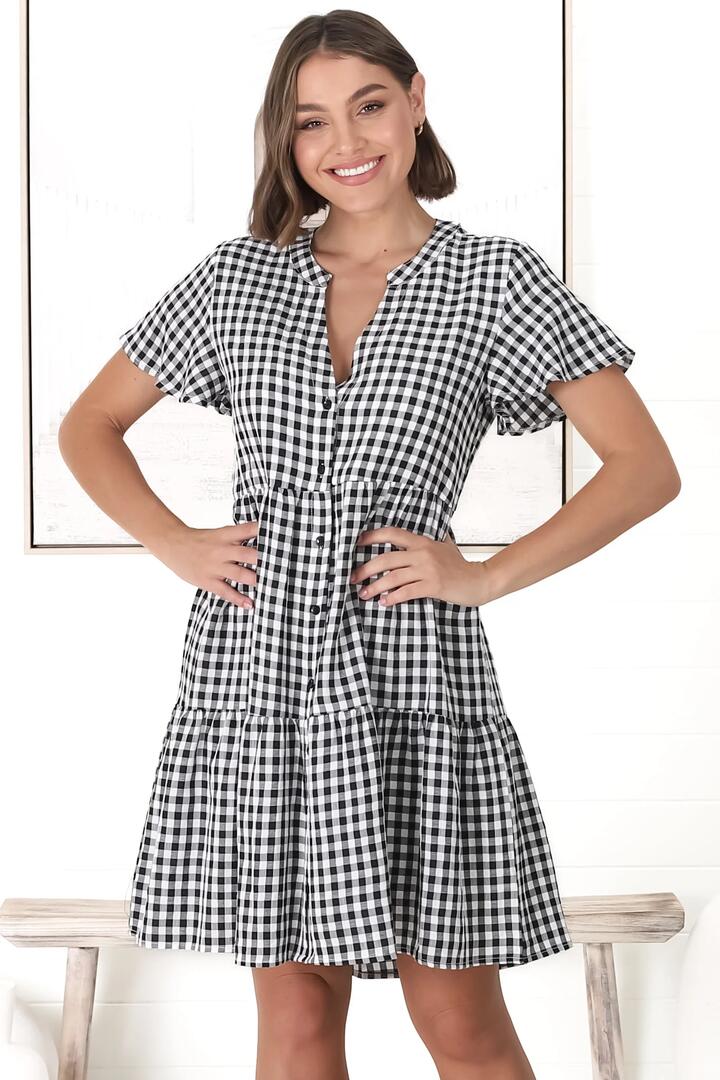 Greta Mini Dress - Manadrin Collar Button Down Dress in Gingham Print Black