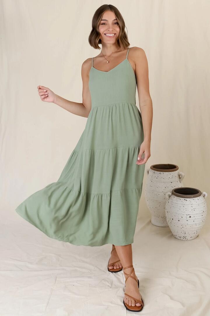 Arlowe Midi Dress - Soft V Neckline Tiered Linen Sun Dress in Sage