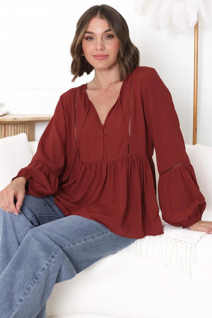 Alexia Top - V Neck Smock Top with Crochet Insert Details in Rust