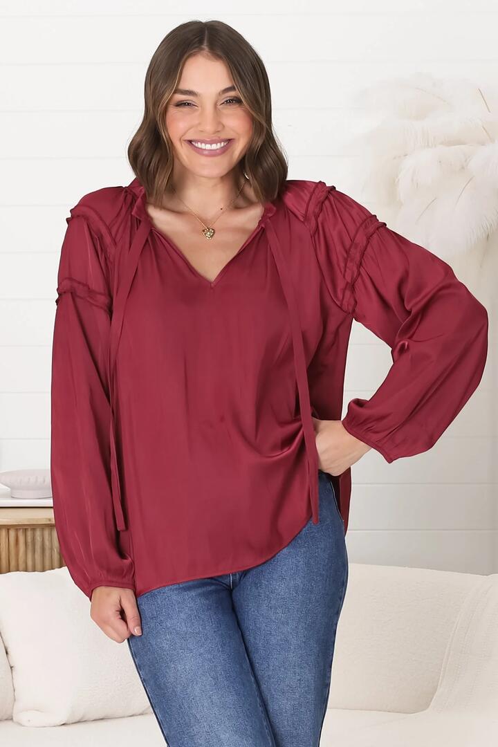 Analia Blouse - Frill Collar Relaxed Satin Look Blouse in Wine