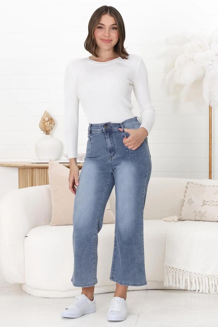 Jace 3/4 Jeans - High Waisted Flare Leg Jeans in Distressed Blue Denim