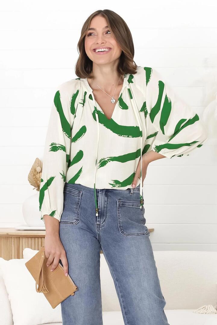 Silvie Blouse - Mandarin Collar V Neck Pull Over Blouse in Zala Print Green