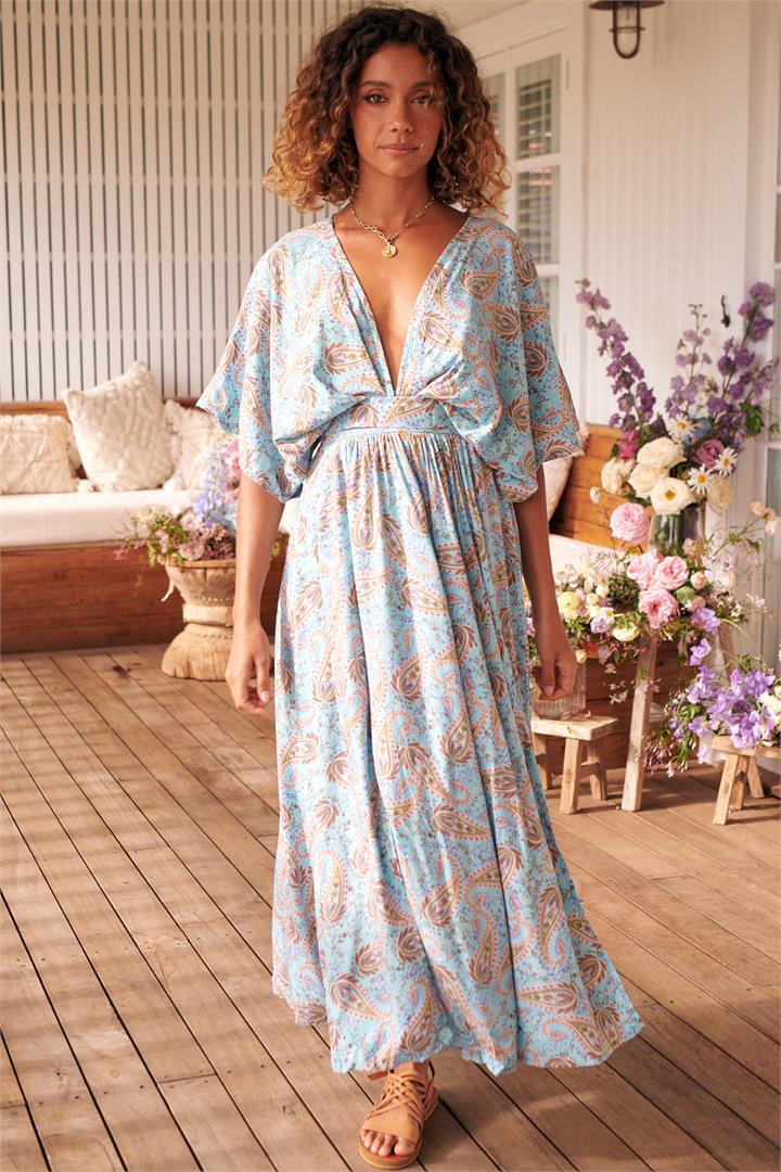 JAASE - Fields Maxi Dress: Deep V Neck A Line Dress with Front Split in Lailah Print