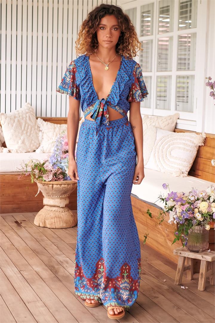 JAASE - Abigail Jumpsuit: Deep Frill V Neck Cut Out Waist Jumpsuit in Sirena Print
