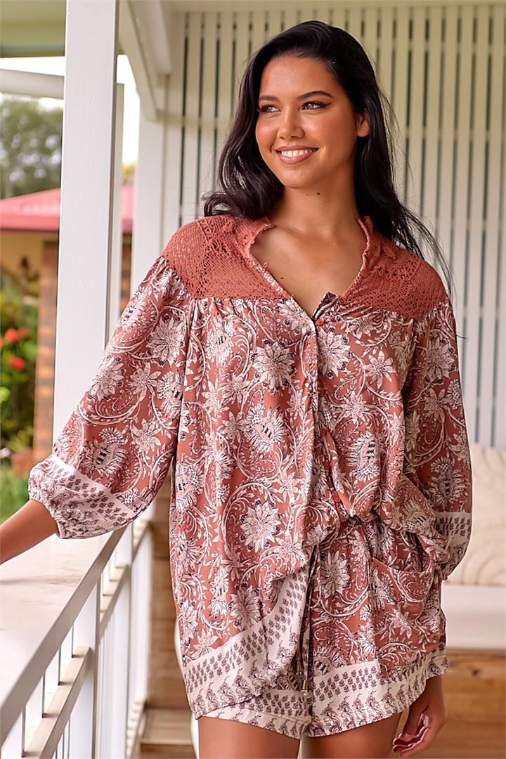 JAASE - Florence Blouse: Lace Shoulders Button Down Blouse in Indah Print