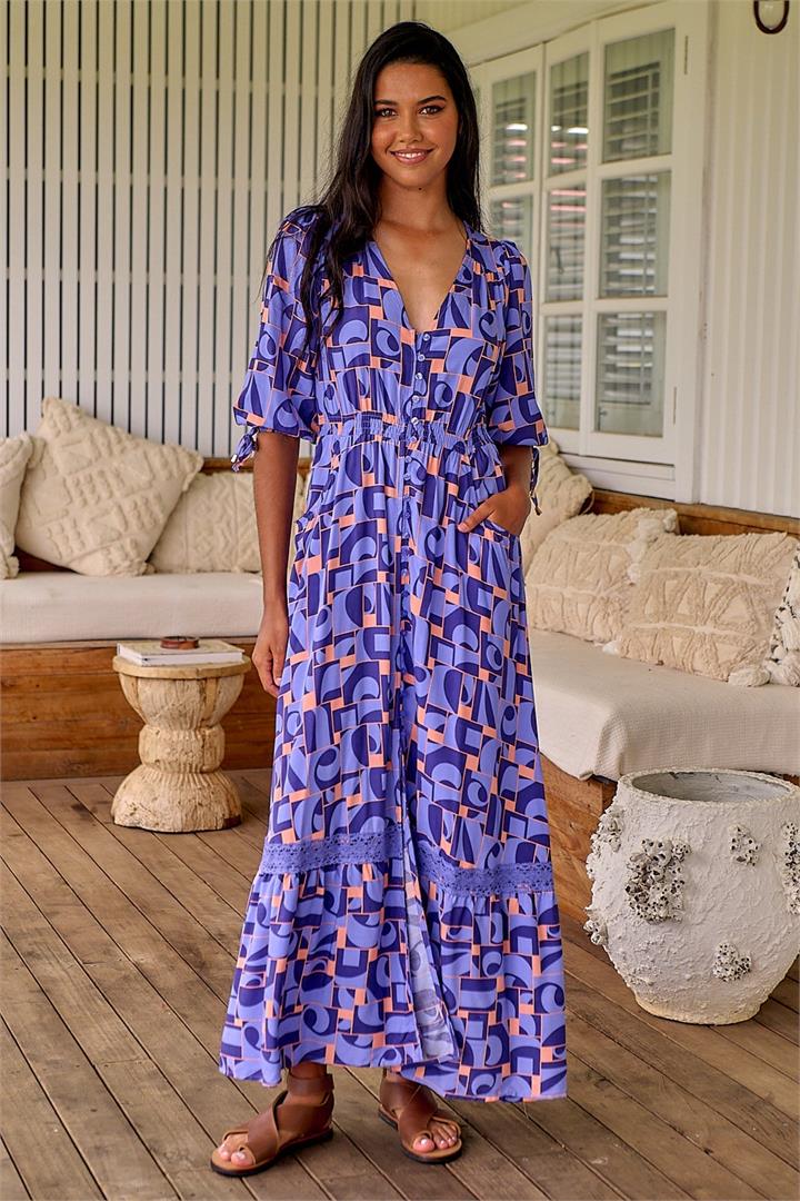 JAASE - Molli Maxi Dress: Button Down A-Line Dress with Tied Sleeves in Abbi Print