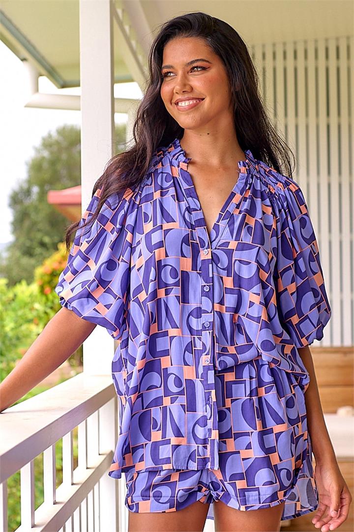 JAASE - Juliet Blouse: Gathered Shoulder Button Down High Low Shirt in Abbi Print