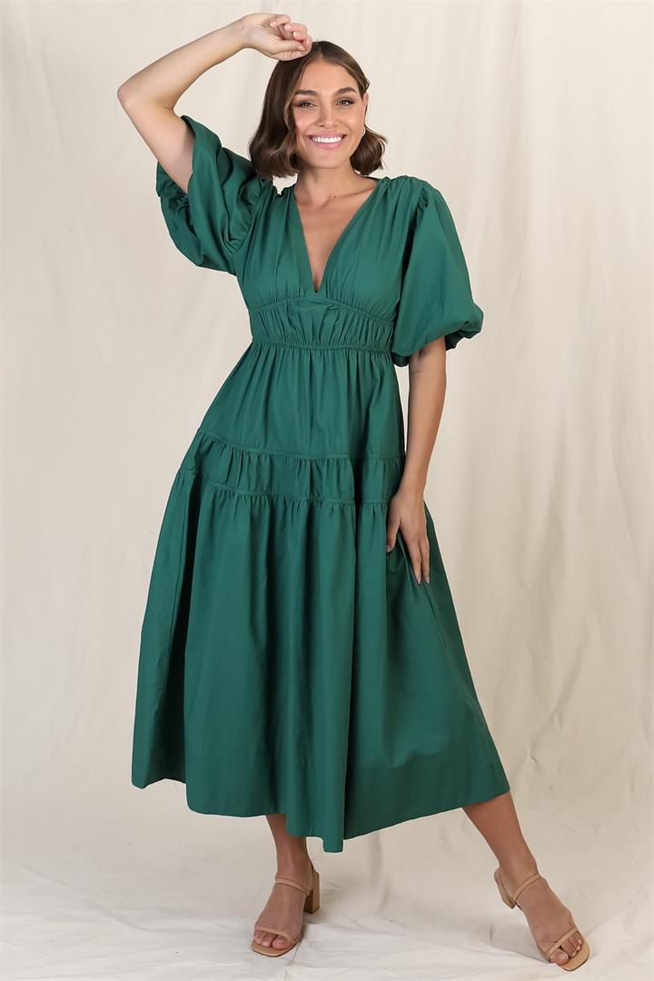 Deserae Midi Dress - Exaggerated Balloon Sleeve Tiered Dress with Piping Splicing in Green