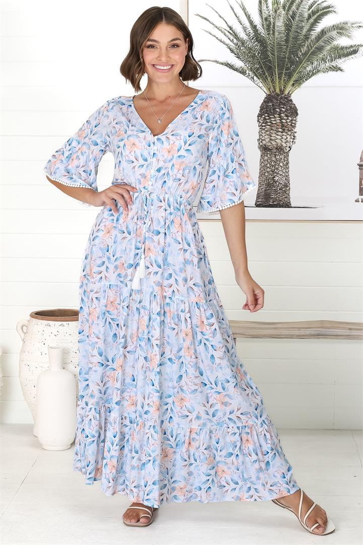 Belitta Maxi Dress - Crochet Trim Bell Sleeve A Line Dress with Pull Tie Waist in Blue