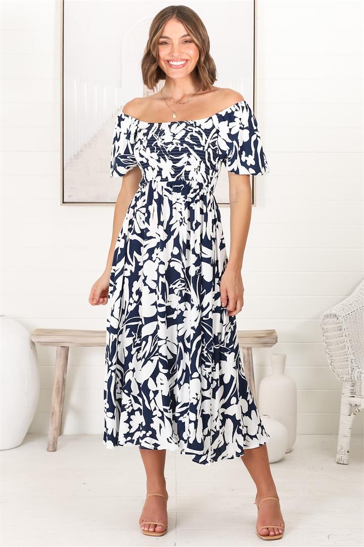 Shira Midi Dress - On Or Off Shoulder Elasticated Bodice Dress With Short Balloon Sleeves In Charis Print Blue