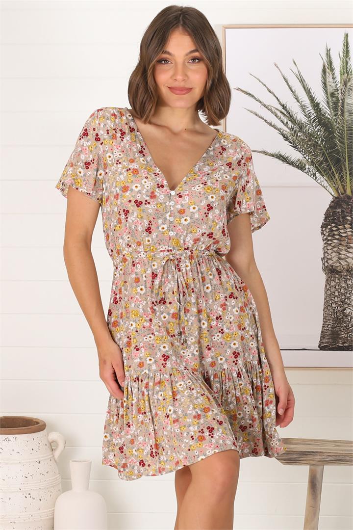 Rosane Mini Dress - Cap Sleeve A Line Dress with Pull Tie Waist in Hollie Print Beige