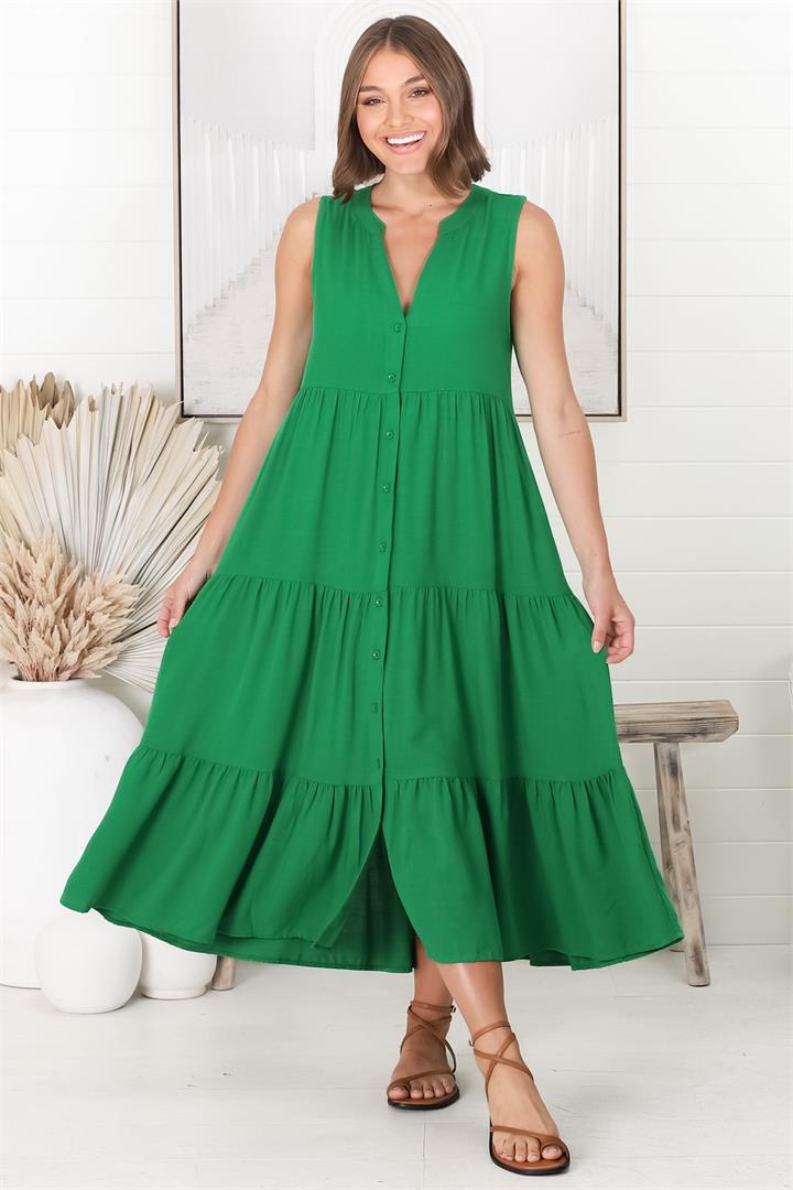 Fifi Linen Midi Dress - Mandarin Collar Sleeveless Button Down Dress in Green