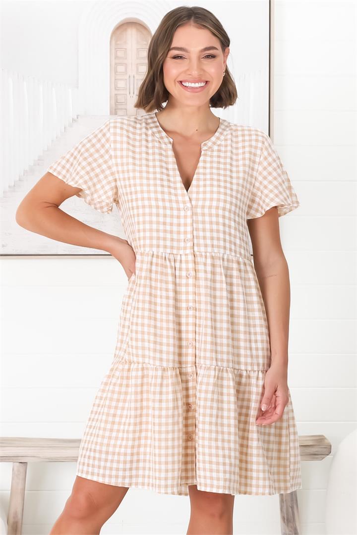 Greta Mini Dress - Manadrin Collar Button Down Dress in Gingham Print Beige