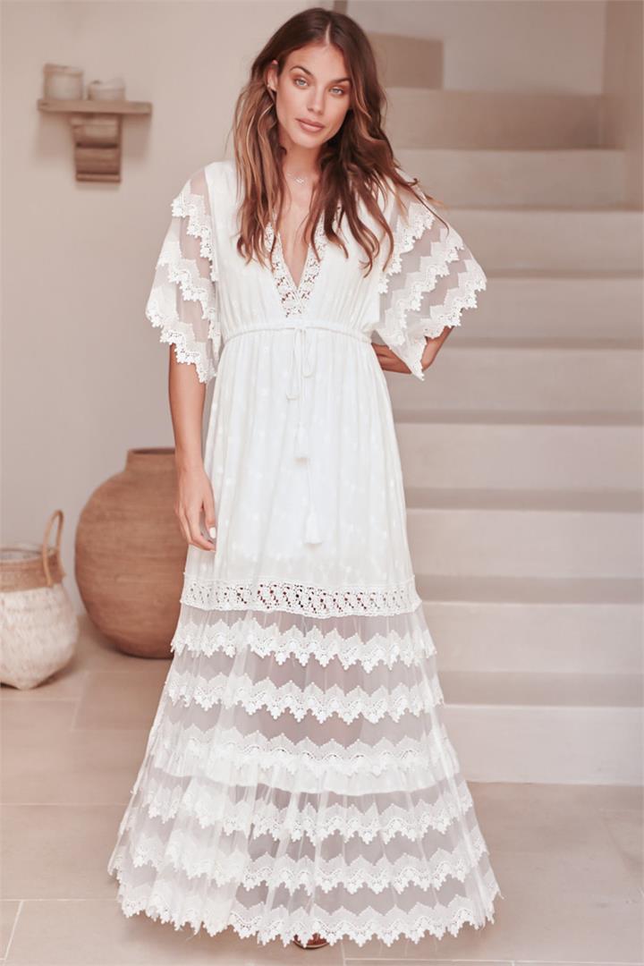 JAASE - Bungalow Maxi Dress: Emroidered Lace Deep V Neck Dress with Open Batwing Sleeves in White