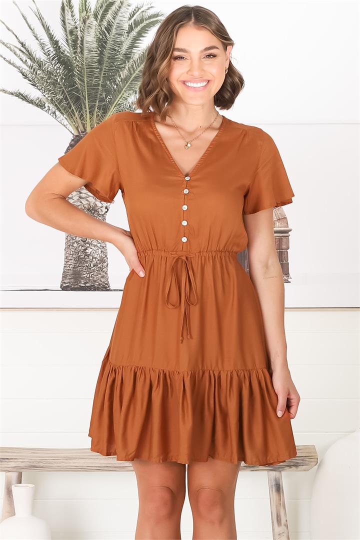 Rosane Mini Dress - Cap Sleeve A Line Dress with Pull Tie Waist in Rust