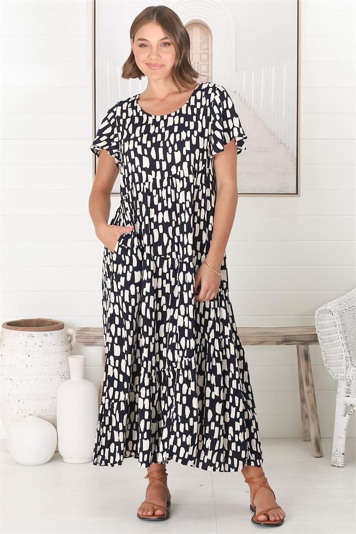 Allegra Midi Dress - Relaxed Asymmetric Tiered Smock Dress in Evie Print Navy